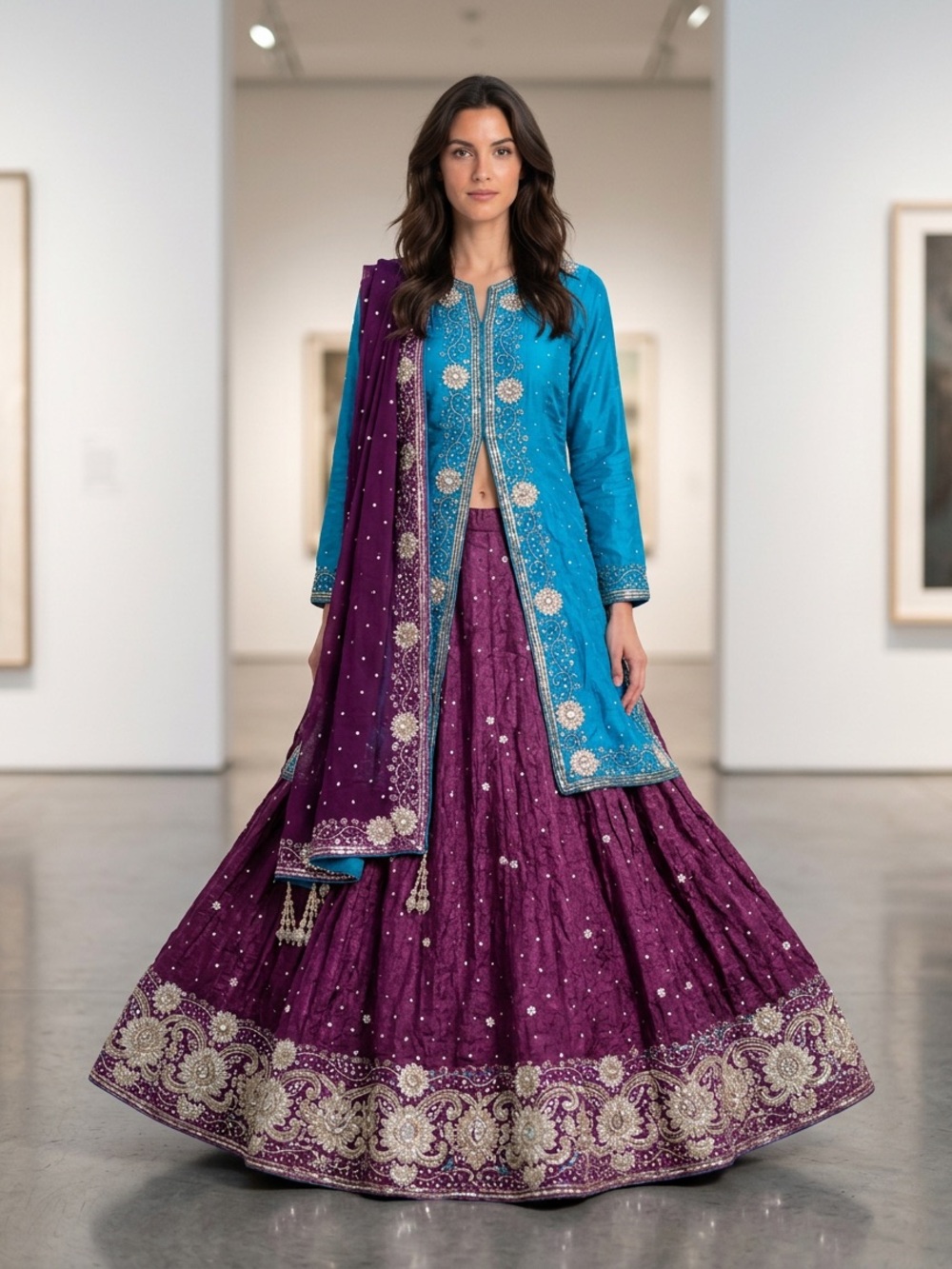Turquoise & Purple Embellished Lehenga Skirt